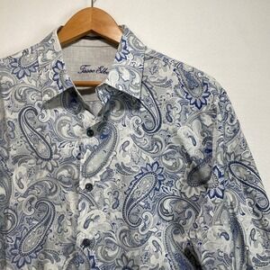 Tasso Elba Mens Supima Cotton Paisley Long Sleeve Button Down Shirt Blue Grey M
